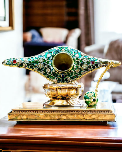 Magic Aladdin Lamp with Engraving Option - Dark Green Variant, interwoven with gold