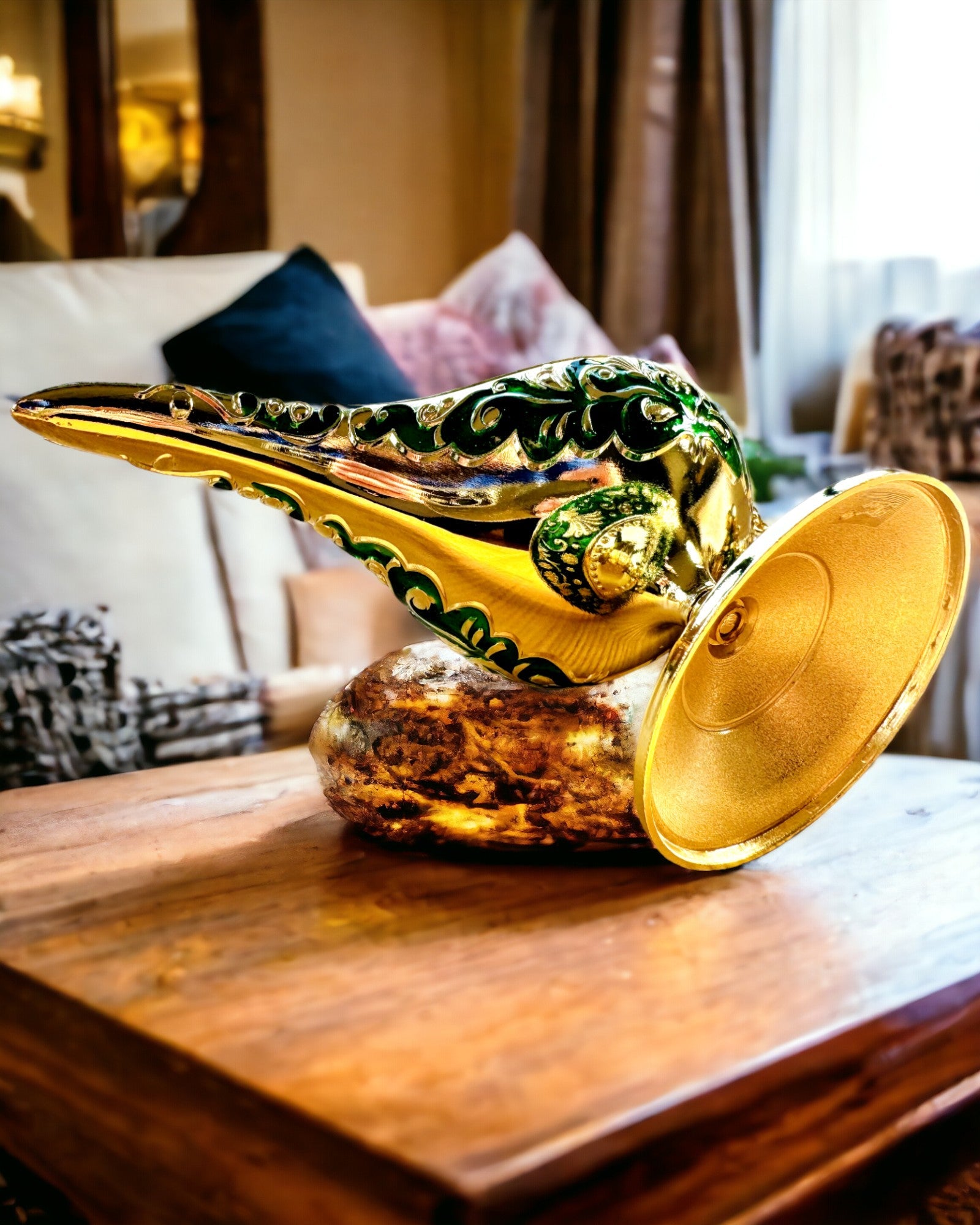 Magic Aladdin Lamp with Engraving Option - Dark Green Variant, interwoven with gold
