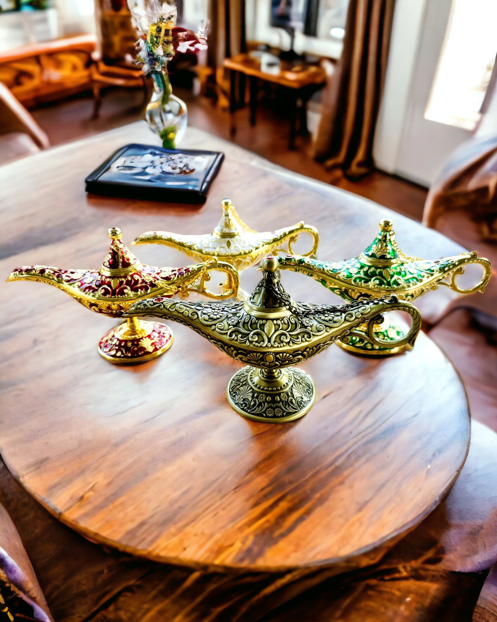 Magic Aladdin Lamp with Engraving Option - Dark Green Variant, interwoven with gold