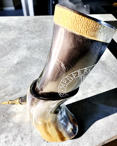 Horn Mug "Viking Valor" - Hand Engraved, Premium Quality - 4 Variants Available