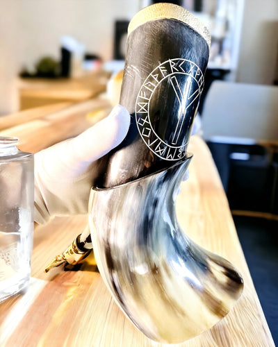 Horn Mug "Viking Valor" - Hand Engraved, Premium Quality - 4 Variants Available