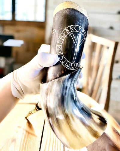 Horn Mug "Viking Valor" - Hand Engraved, Premium Quality - 4 Variants Available