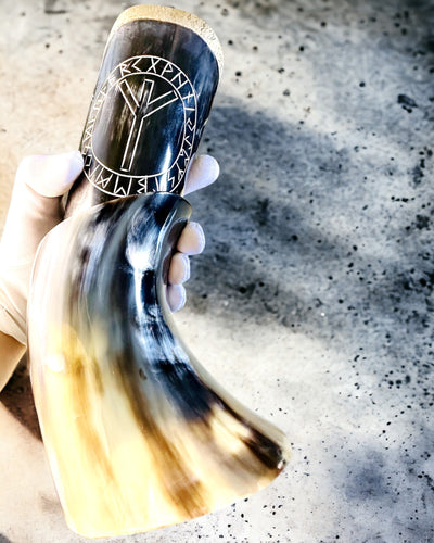 Horn Mug "Viking Valor" - Hand Engraved, Premium Quality - 4 Variants Available