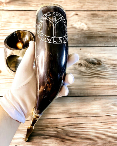 Horn Mug "Viking Valor" - Hand Engraved, Premium Quality - 4 Variants Available