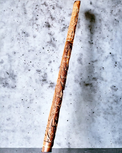 Walking Cane 'Wolf' - Indian Mango Wood with Engraving Option, brown with carved pattern