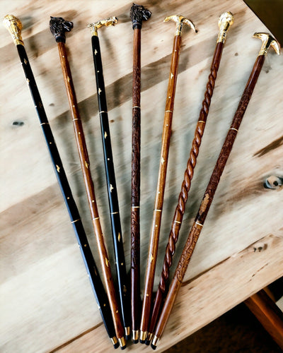 Walking Cane 'Wolf' - Indian Mango Wood with Engraving Option, brown with carved pattern