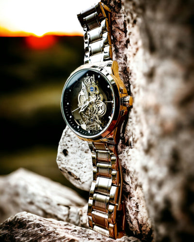 Elegant Men's Watch KIMSDUN Prestige Transparent Mechanism and Sporty Elegance, customizable with engraving