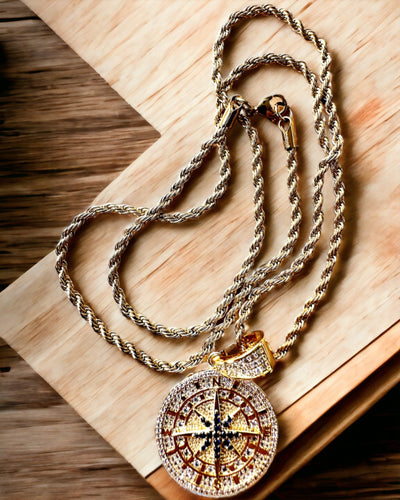 Necklace with Compass Pendant in Glamour Style with Zirconia for Women and Men - gold color, engraving