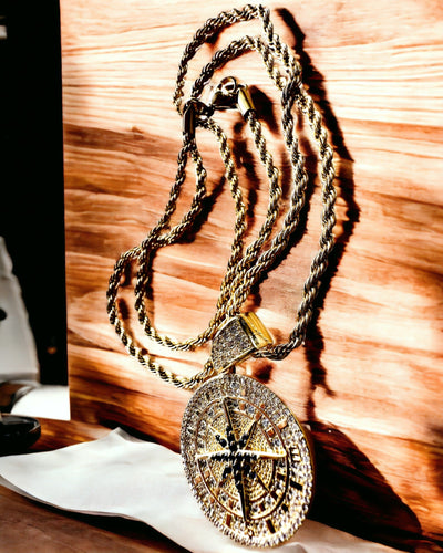 Necklace with Compass Pendant in Glamour Style with Zirconia for Women and Men - gold color, engraving