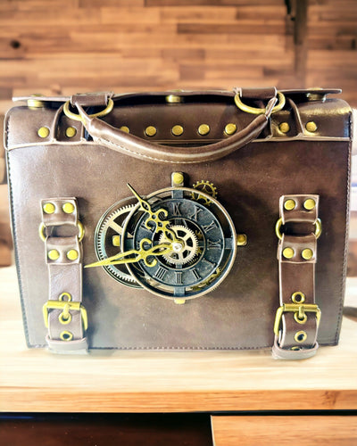 Crossbody Bag with Vintage Clock Motif - Versatile Satchel Handbag with PU Leather Texture