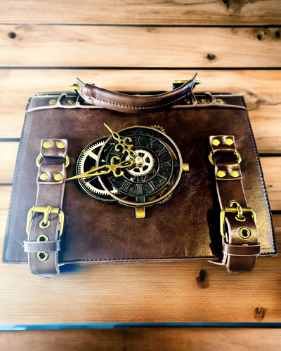 Crossbody Bag with Vintage Clock Motif - Versatile Satchel Handbag with PU Leather Texture