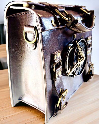 Crossbody Bag with Vintage Clock Motif - Versatile Satchel Handbag with PU Leather Texture