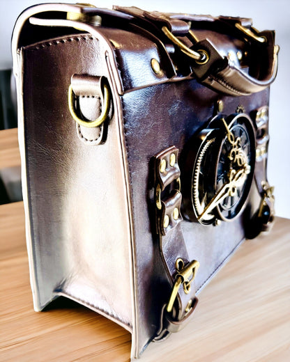 Crossbody Bag with Vintage Clock Motif - Versatile Satchel Handbag with PU Leather Texture