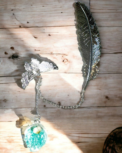 Creative Retro Style Bookmark with Feather and Butterfly Motif – Elegant Promotional Gift, Silver/Blue Color