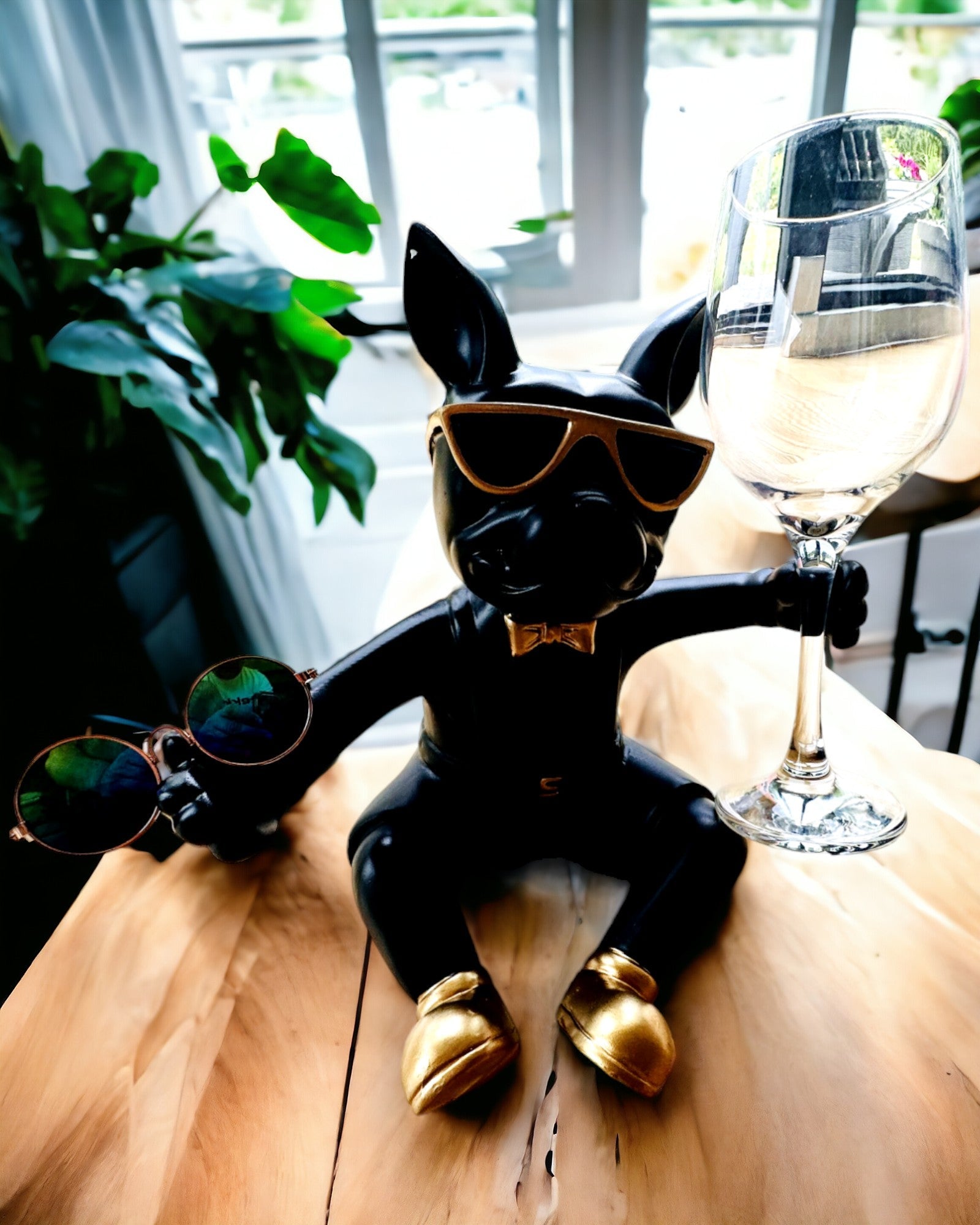 Figurină Exclusivă „Bulldog Elegant”, culoare neagră, suport pentru pahar de vin sau șampanie, personalizare cu gravură