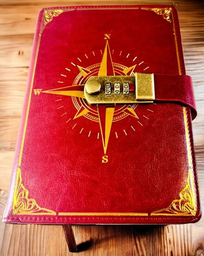 Premium Notebook with Combination Lock A5 - Vintage Style with Compass, Japanese Design, Stationery for Students and Business. Personalization with Engraving