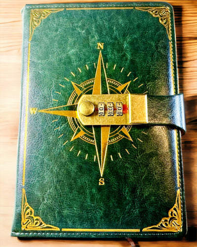 Premium Notebook with Combination Lock A5 - Vintage Style with Compass, Japanese Design, Stationery for Students and Business. Personalization with Engraving