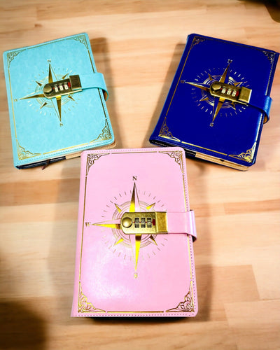 Premium Notebook with Combination Lock A5 - Vintage Style with Compass, Japanese Design, Stationery for Students and Business. Personalization with Engraving