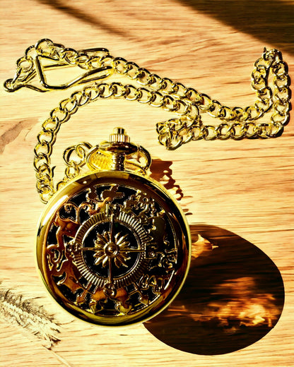 Vintage Style Gold Color Navigation Compass with Decorative Pattern – Equipment for Mountain Adventures and Discoveries. Personalization with Engraving