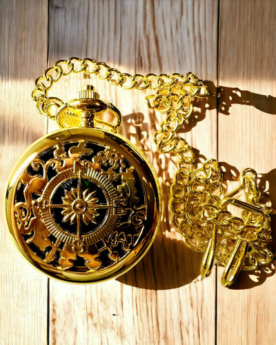 Vintage Style Gold Color Navigation Compass with Decorative Pattern – Equipment for Mountain Adventures and Discoveries. Personalization with Engraving