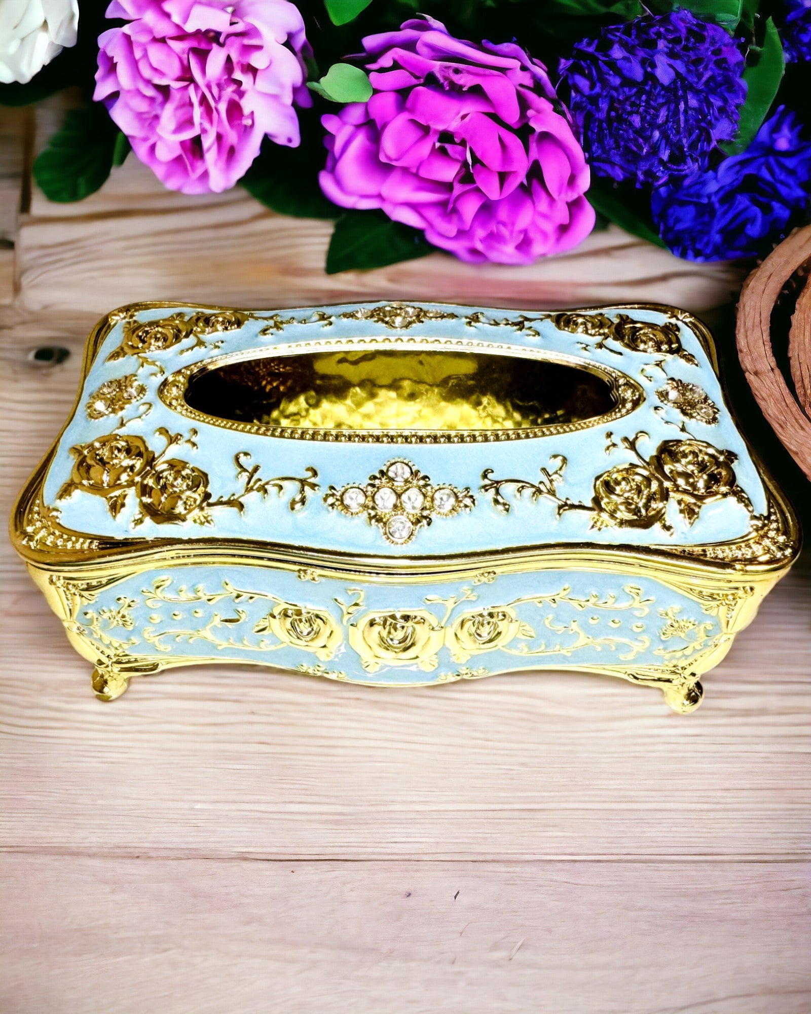 Caixa de Lenços Luxuosa com Padrão de Rosa em Relevo e Pegas Elegantes