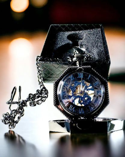 Klasični osmerokutni mehanički džepni sat Steampunk u crnoj boji, gravura