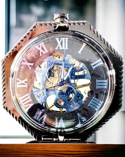 Класичний восьмикутний механічний кишеньковий годинник Steampunk чорного кольору, гравірування