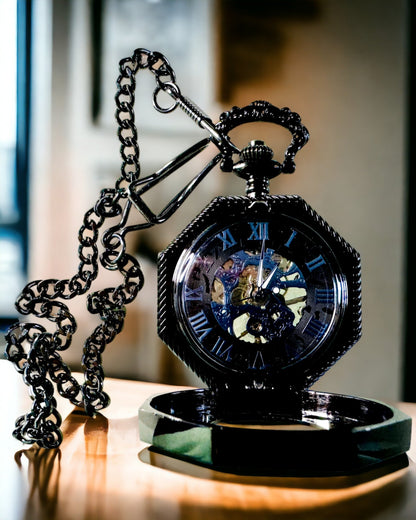 Klasični osmerokutni mehanički džepni sat Steampunk u crnoj boji, gravura