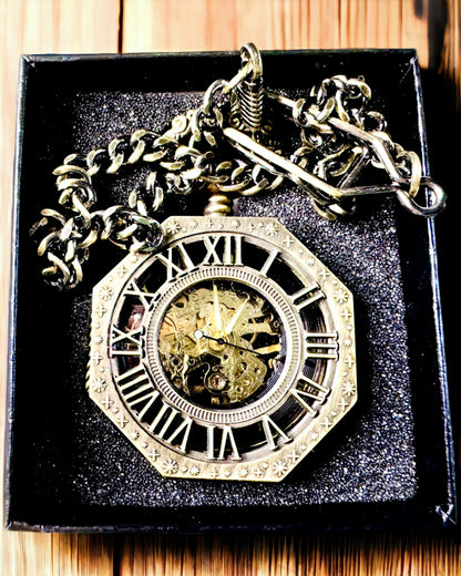 Klasické Osmiboké Hnědé Mechanické Kapesní Hodinky ve Stylu Steampunk - Nadčasové