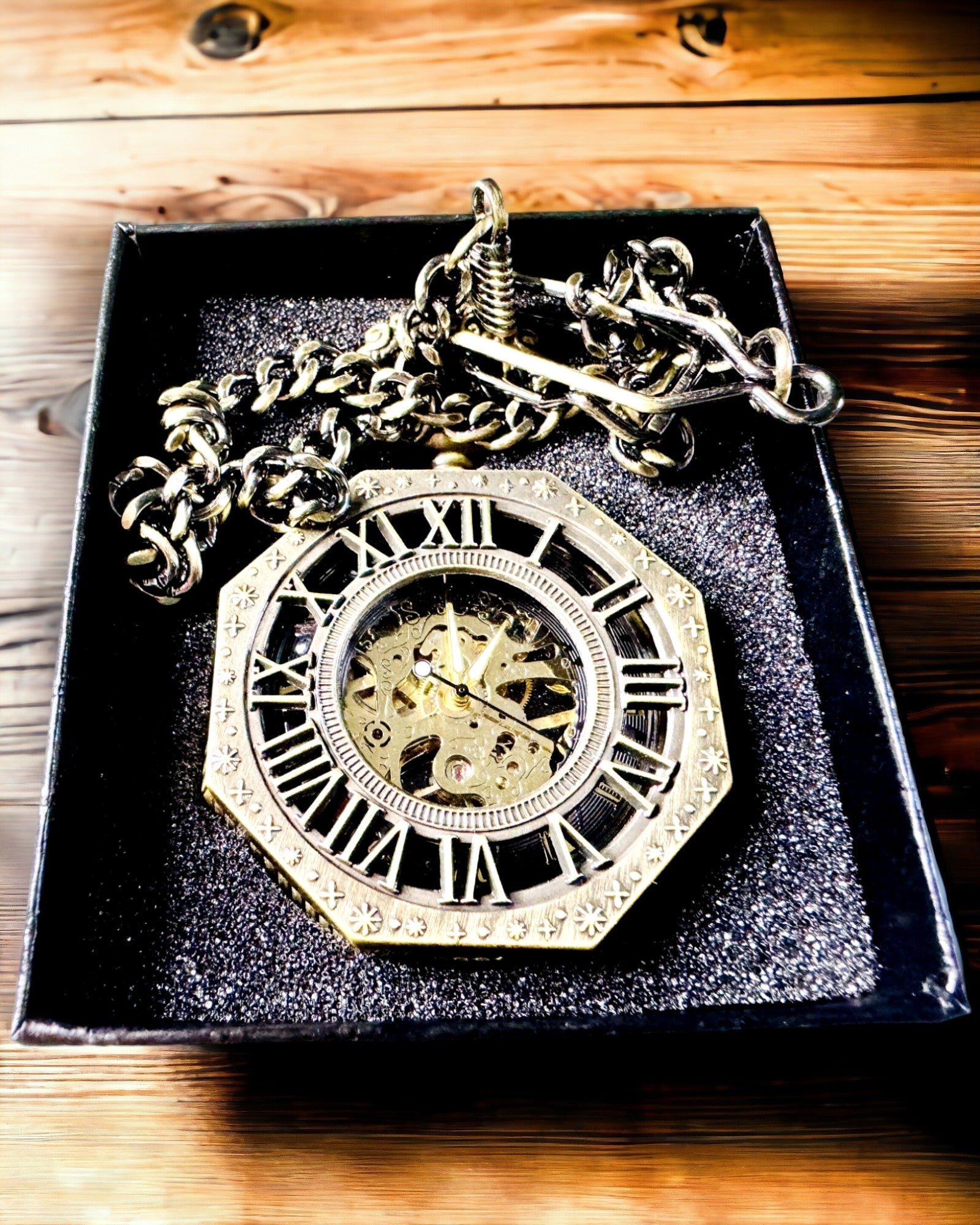 Klasické Osmiboké Hnědé Mechanické Kapesní Hodinky ve Stylu Steampunk - Nadčasové