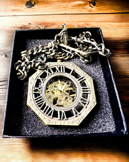 Klasické Osmiboké Hnědé Mechanické Kapesní Hodinky ve Stylu Steampunk - Nadčasové
