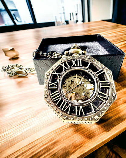 Klasické Osmiboké Hnědé Mechanické Kapesní Hodinky ve Stylu Steampunk - Nadčasové