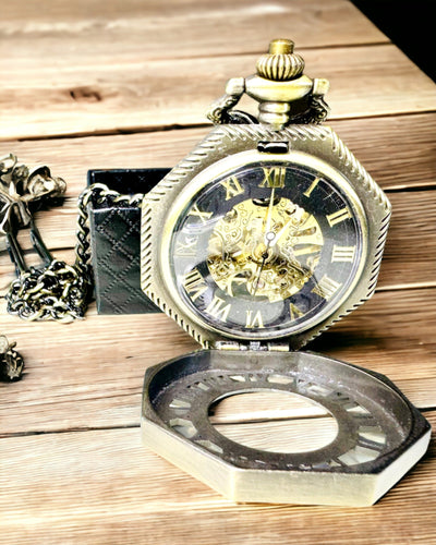 Classic Octagonal Brown Color Mechanical Pocket Watch in Steampunk Style - Timeless