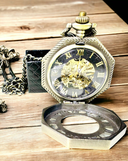 Klasické Osmiboké Hnědé Mechanické Kapesní Hodinky ve Stylu Steampunk - Nadčasové