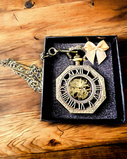 Klasické Osmiboké Hnědé Mechanické Kapesní Hodinky ve Stylu Steampunk - Nadčasové