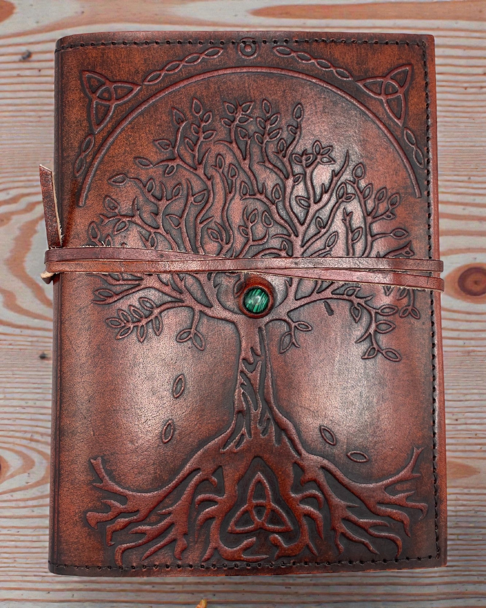 Vita Arboris – Small Leather Notebook, Tree of Life, with Green Stone