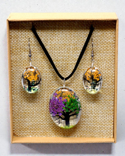 Kaleidoscope of Nature – Jewelry Set with Dried Flowers, Tree of Life, Mix of Colors