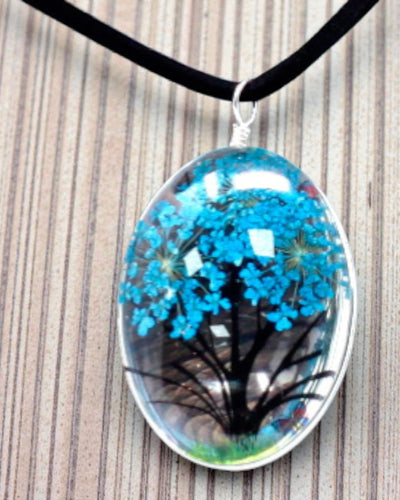 Sea Breeze – Blue-Green Jewelry Set with Dried Flowers Tree of Life