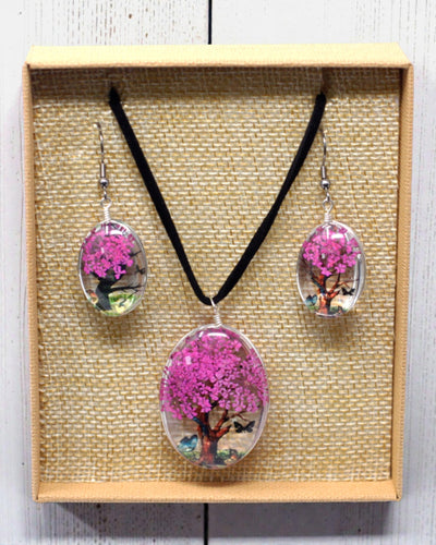 Rose Glow – Light Pink Jewelry Set with Dried Flowers, Tree of Life