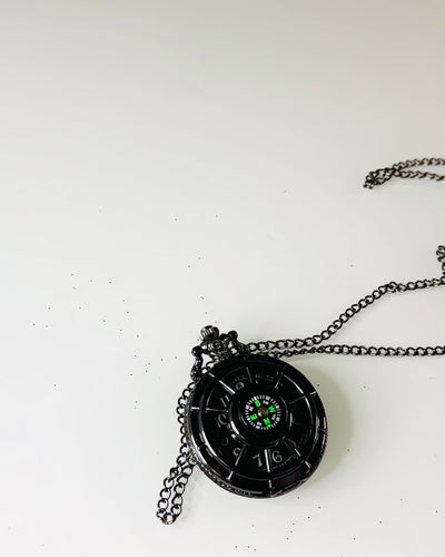 Pocket Watch with Compass – Elegant Vintage Style Pendant with Hollow Skeleton and Black Dial, personalization with engraving