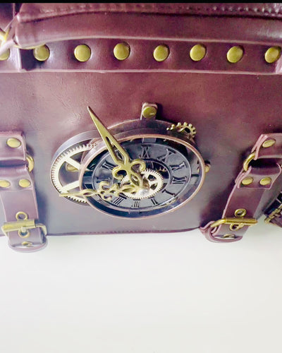 Crossbody Bag with Vintage Clock Motif - Versatile Satchel Handbag with PU Leather Texture