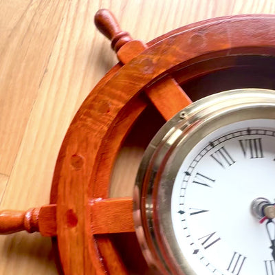 Nautical Clock in a Wooden Ship's Wheel with Brass