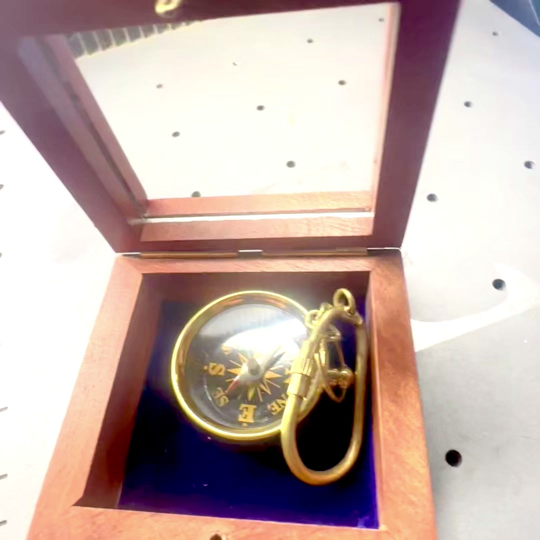 Stylish Vintage Brass Compass Keychain in a Wooden Box