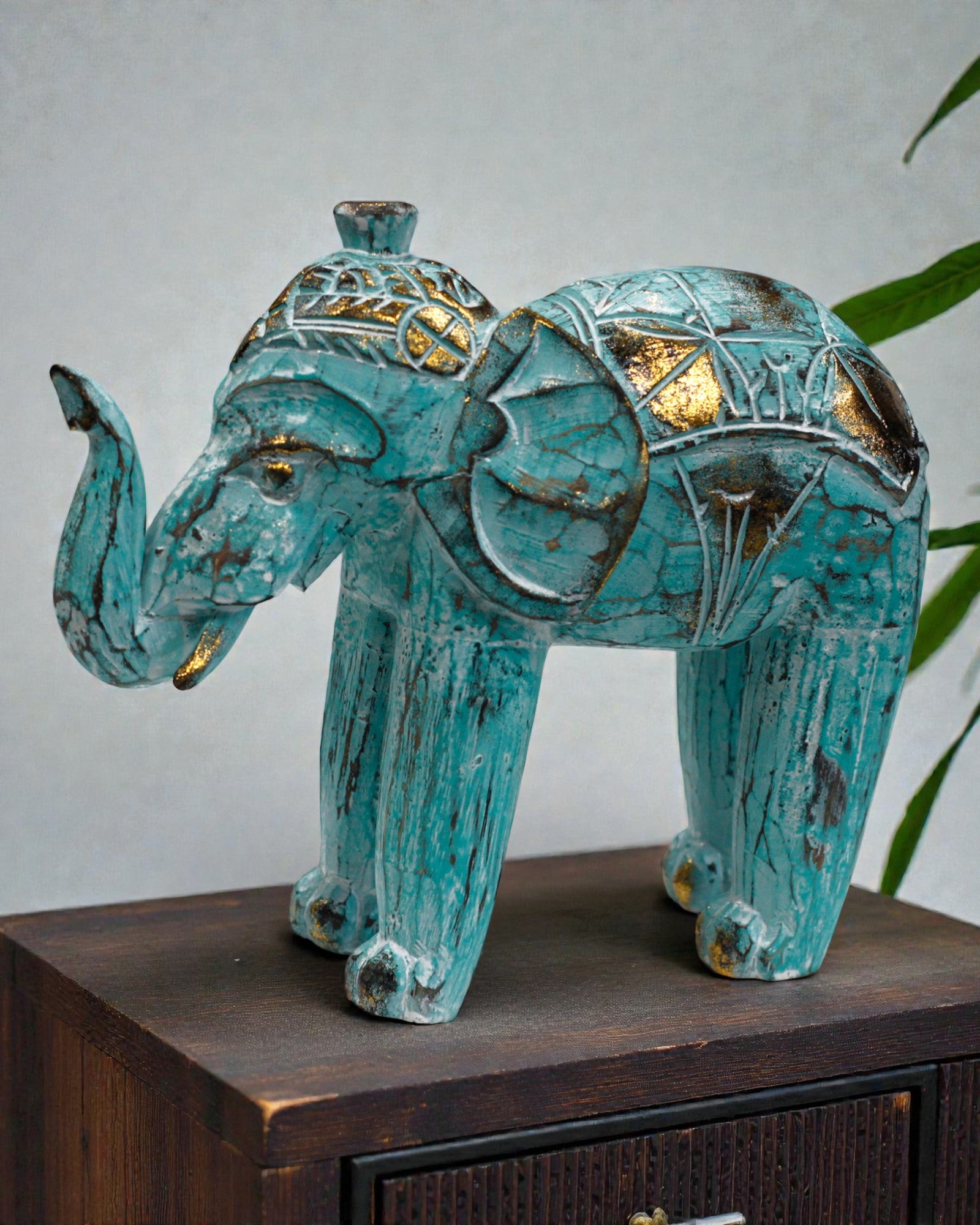Elephant Sculpture 24 cm – Turquoise and Gold